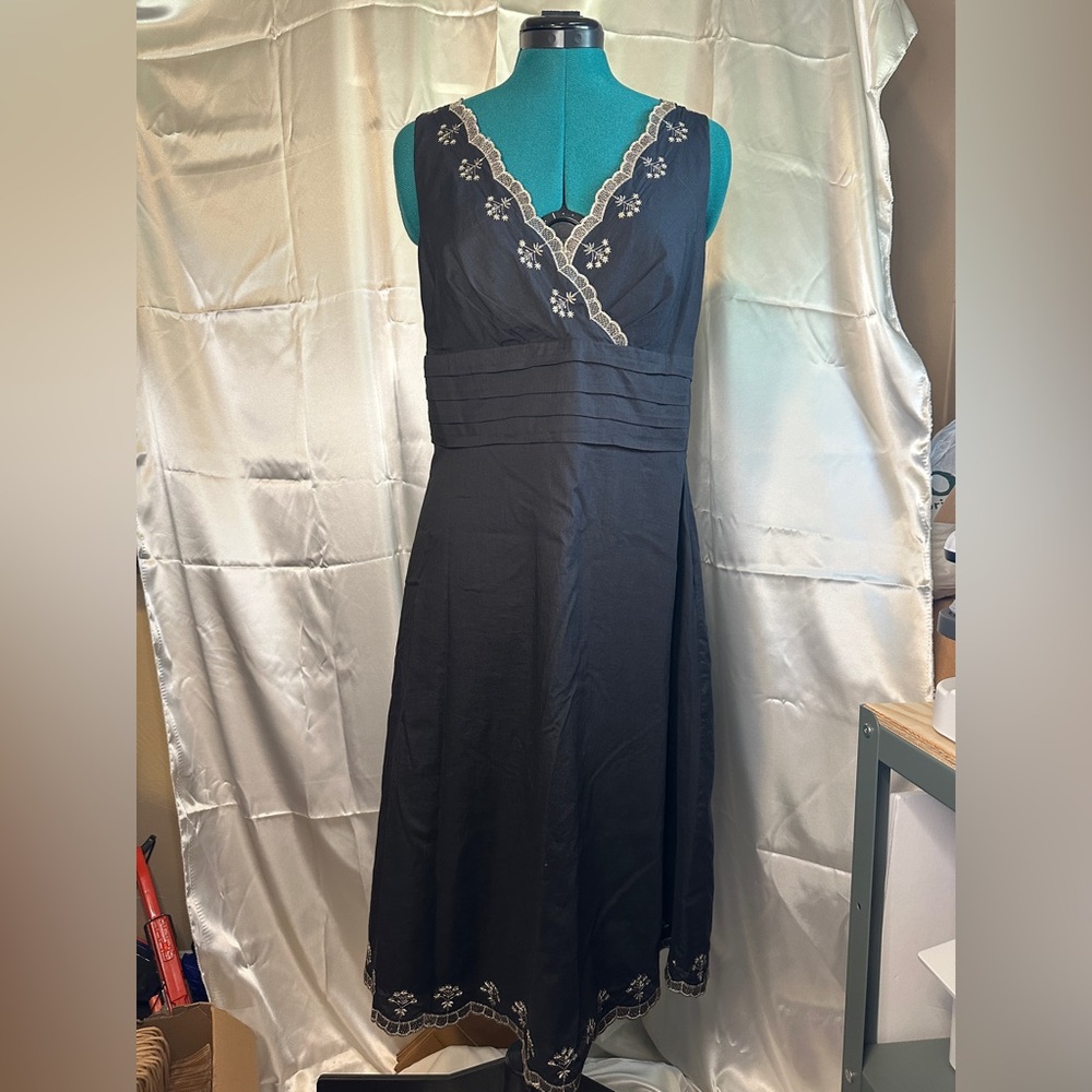 Ann Taylor Black Midi Dress with Floral Embroidery